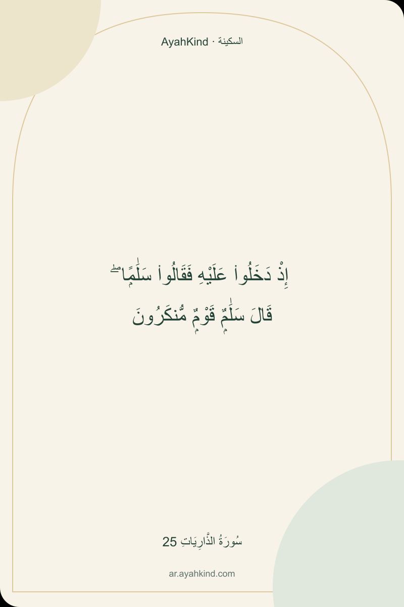 إِذْ دَخَلُوا۟ عَلَيْهِ فَقَالُوا۟ سَلَٰمًۭا ۖ قَالَ سَلَٰمٌۭ قَوْمٌۭ مُّنكَرُونَ — سُورَةُ الذَّارِيَاتِ 25