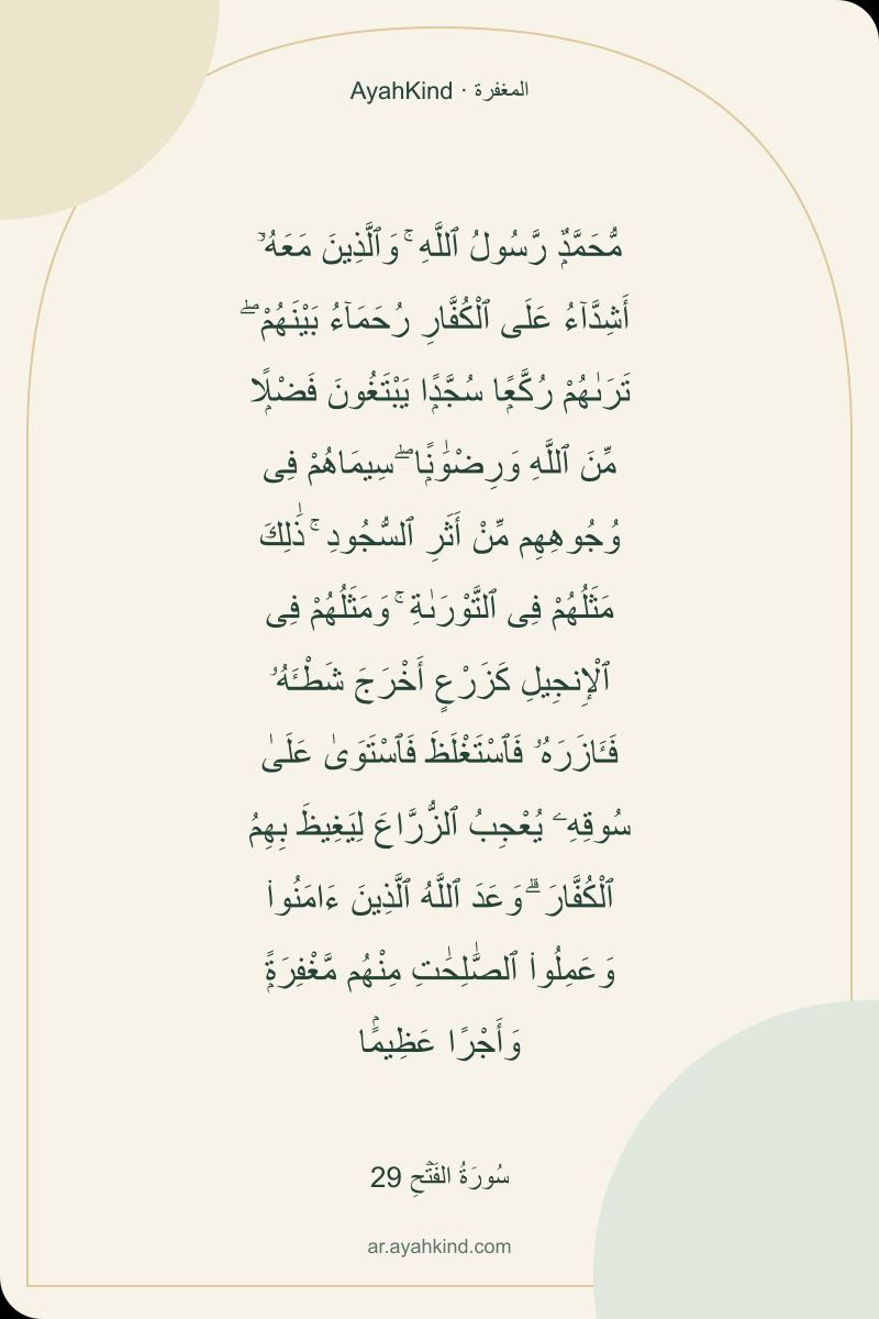 مُّحَمَّدٌۭ رَّسُولُ ٱللَّهِ ۚ وَٱلَّذِينَ مَعَهُۥٓ أَشِدَّآءُ عَلَى ٱلْكُفَّارِ رُحَمَآءُ بَيْنَهُمْ ۖ تَرَىٰهُمْ رُكَّعًۭا سُجَّدًۭا يَبْتَغُونَ فَضْلًۭا مِّنَ ٱللَّهِ وَرِضْوَٰنًۭا ۖ سِيمَاهُمْ فِى وُجُوهِهِم مِّنْ أَثَرِ ٱلسُّجُودِ ۚ ذَٰلِكَ مَثَلُهُمْ فِى ٱلتَّوْرَىٰةِ ۚ وَمَثَلُهُمْ فِى ٱلْإِنجِيلِ كَزَرْعٍ أَخْرَجَ شَطْـَٔهُۥ فَـَٔازَرَهُۥ فَٱسْتَغْلَظَ فَٱسْتَوَىٰ عَلَىٰ سُوقِهِۦ يُعْجِبُ ٱلزُّرَّاعَ لِيَغِيظَ بِهِمُ ٱلْكُفَّارَ ۗ وَعَدَ ٱللَّهُ ٱلَّذِينَ ءَامَنُوا۟ وَعَمِلُوا۟ ٱلصَّٰلِحَٰتِ مِنْهُم مَّغْفِرَةًۭ وَأَجْرًا عَظِيمًۢا — سُورَةُ الفَتۡحِ 29
