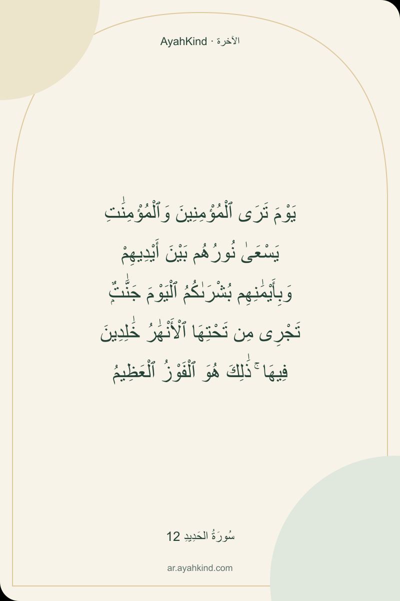 يَوْمَ تَرَى ٱلْمُؤْمِنِينَ وَٱلْمُؤْمِنَٰتِ يَسْعَىٰ نُورُهُم بَيْنَ أَيْدِيهِمْ وَبِأَيْمَٰنِهِم بُشْرَىٰكُمُ ٱلْيَوْمَ جَنَّٰتٌۭ تَجْرِى مِن تَحْتِهَا ٱلْأَنْهَٰرُ خَٰلِدِينَ فِيهَا ۚ ذَٰلِكَ هُوَ ٱلْفَوْزُ ٱلْعَظِيمُ — سُورَةُ الحَدِيدِ 12