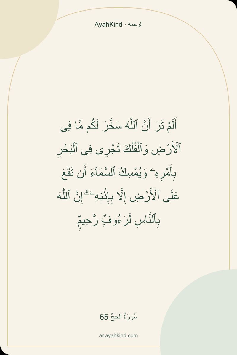 أَلَمْ تَرَ أَنَّ ٱللَّهَ سَخَّرَ لَكُم مَّا فِى ٱلْأَرْضِ وَٱلْفُلْكَ تَجْرِى فِى ٱلْبَحْرِ بِأَمْرِهِۦ وَيُمْسِكُ ٱلسَّمَآءَ أَن تَقَعَ عَلَى ٱلْأَرْضِ إِلَّا بِإِذْنِهِۦٓ ۗ إِنَّ ٱللَّهَ بِٱلنَّاسِ لَرَءُوفٌۭ رَّحِيمٌۭ — سُورَةُ الحَجِّ 65