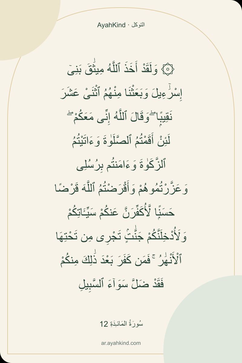 ۞ وَلَقَدْ أَخَذَ ٱللَّهُ مِيثَٰقَ بَنِىٓ إِسْرَٰٓءِيلَ وَبَعَثْنَا مِنْهُمُ ٱثْنَىْ عَشَرَ نَقِيبًۭا ۖ وَقَالَ ٱللَّهُ إِنِّى مَعَكُمْ ۖ لَئِنْ أَقَمْتُمُ ٱلصَّلَوٰةَ وَءَاتَيْتُمُ ٱلزَّكَوٰةَ وَءَامَنتُم بِرُسُلِى وَعَزَّرْتُمُوهُمْ وَأَقْرَضْتُمُ ٱللَّهَ قَرْضًا حَسَنًۭا لَّأُكَفِّرَنَّ عَنكُمْ سَيِّـَٔاتِكُمْ وَلَأُدْخِلَنَّكُمْ جَنَّٰتٍۢ تَجْرِى مِن تَحْتِهَا ٱلْأَنْهَٰرُ ۚ فَمَن كَفَرَ بَعْدَ ذَٰلِكَ مِنكُمْ فَقَدْ ضَلَّ سَوَآءَ ٱلسَّبِيلِ — سُورَةُ المَائـِدَةِ 12
