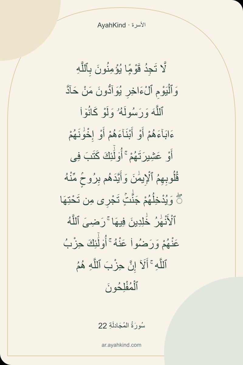 لَّا تَجِدُ قَوْمًۭا يُؤْمِنُونَ بِٱللَّهِ وَٱلْيَوْمِ ٱلْءَاخِرِ يُوَآدُّونَ مَنْ حَآدَّ ٱللَّهَ وَرَسُولَهُۥ وَلَوْ كَانُوٓا۟ ءَابَآءَهُمْ أَوْ أَبْنَآءَهُمْ أَوْ إِخْوَٰنَهُمْ أَوْ عَشِيرَتَهُمْ ۚ أُو۟لَٰٓئِكَ كَتَبَ فِى قُلُوبِهِمُ ٱلْإِيمَٰنَ وَأَيَّدَهُم بِرُوحٍۢ مِّنْهُ ۖ وَيُدْخِلُهُمْ جَنَّٰتٍۢ تَجْرِى مِن تَحْتِهَا ٱلْأَنْهَٰرُ خَٰلِدِينَ فِيهَا ۚ رَضِىَ ٱللَّهُ عَنْهُمْ وَرَضُوا۟ عَنْهُ ۚ أُو۟لَٰٓئِكَ حِزْبُ ٱللَّهِ ۚ أَلَآ إِنَّ حِزْبَ ٱللَّهِ هُمُ ٱلْمُفْلِحُونَ — سُورَةُ المُجَادلَةِ 22
