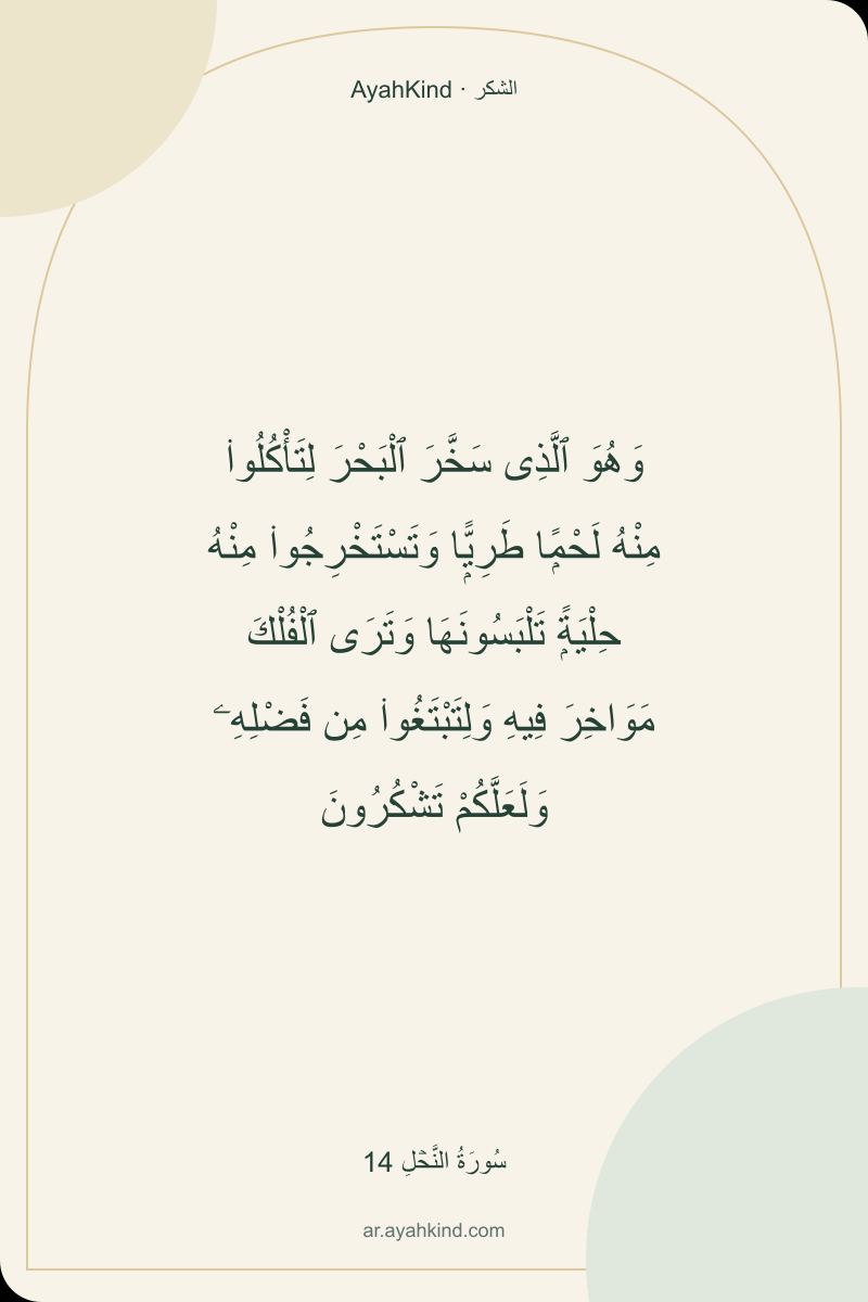 وَهُوَ ٱلَّذِى سَخَّرَ ٱلْبَحْرَ لِتَأْكُلُوا۟ مِنْهُ لَحْمًۭا طَرِيًّۭا وَتَسْتَخْرِجُوا۟ مِنْهُ حِلْيَةًۭ تَلْبَسُونَهَا وَتَرَى ٱلْفُلْكَ مَوَاخِرَ فِيهِ وَلِتَبْتَغُوا۟ مِن فَضْلِهِۦ وَلَعَلَّكُمْ تَشْكُرُونَ — سُورَةُ النَّحۡلِ 14