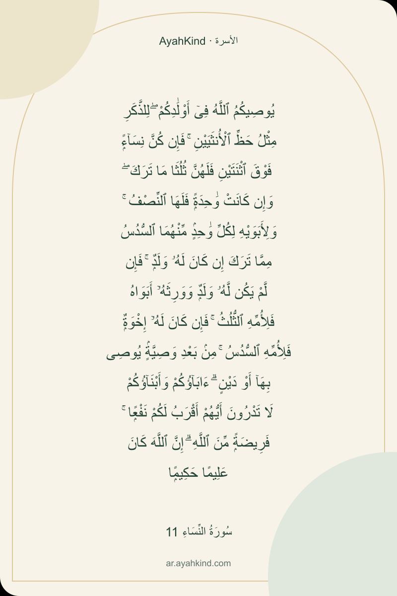 يُوصِيكُمُ ٱللَّهُ فِىٓ أَوْلَٰدِكُمْ ۖ لِلذَّكَرِ مِثْلُ حَظِّ ٱلْأُنثَيَيْنِ ۚ فَإِن كُنَّ نِسَآءًۭ فَوْقَ ٱثْنَتَيْنِ فَلَهُنَّ ثُلُثَا مَا تَرَكَ ۖ وَإِن كَانَتْ وَٰحِدَةًۭ فَلَهَا ٱلنِّصْفُ ۚ وَلِأَبَوَيْهِ لِكُلِّ وَٰحِدٍۢ مِّنْهُمَا ٱلسُّدُسُ مِمَّا تَرَكَ إِن كَانَ لَهُۥ وَلَدٌۭ ۚ فَإِن لَّمْ يَكُن لَّهُۥ وَلَدٌۭ وَوَرِثَهُۥٓ أَبَوَاهُ فَلِأُمِّهِ ٱلثُّلُثُ ۚ فَإِن كَانَ لَهُۥٓ إِخْوَةٌۭ فَلِأُمِّهِ ٱلسُّدُسُ ۚ مِنۢ بَعْدِ وَصِيَّةٍۢ يُوصِى بِهَآ أَوْ دَيْنٍ ۗ ءَابَآؤُكُمْ وَأَبْنَآؤُكُمْ لَا تَدْرُونَ أَيُّهُمْ أَقْرَبُ لَكُمْ نَفْعًۭا ۚ فَرِيضَةًۭ مِّنَ ٱللَّهِ ۗ إِنَّ ٱللَّهَ كَانَ عَلِيمًا حَكِيمًۭا — سُورَةُ النِّسَاءِ 11