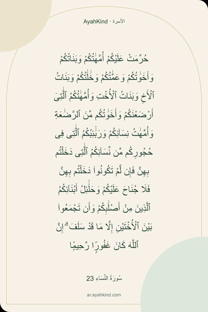 حُرِّمَتْ عَلَيْكُمْ أُمَّهَٰتُكُمْ وَبَنَاتُكُمْ وَأَخَوَٰتُكُمْ وَعَمَّٰتُكُمْ وَخَٰلَٰتُكُمْ وَبَنَاتُ ٱلْأَخِ وَبَنَاتُ ٱلْأُخْتِ وَأُمَّهَٰتُكُمُ ٱلَّٰتِىٓ أَرْضَعْنَكُمْ وَأَخَوَٰتُكُم مِّنَ ٱلرَّضَٰعَةِ وَأُمَّهَٰتُ نِسَآئِكُمْ وَرَبَٰٓئِبُكُمُ ٱلَّٰتِى فِى حُجُورِكُم مِّن نِّسَآئِكُمُ ٱلَّٰتِى دَخَلْتُم بِهِنَّ فَإِن لَّمْ تَكُونُوا۟ دَخَلْتُم بِهِنَّ فَلَا جُنَاحَ عَلَيْكُمْ وَحَلَٰٓئِلُ أَبْنَآئِكُمُ ٱلَّذِينَ مِنْ أَصْلَٰبِكُمْ وَأَن تَجْمَعُوا۟ بَيْنَ ٱلْأُخْتَيْنِ إِلَّا مَا قَدْ سَلَفَ ۗ إِنَّ ٱللَّهَ كَانَ غَفُورًۭا رَّحِيمًۭا — سُورَةُ النِّسَاءِ 23