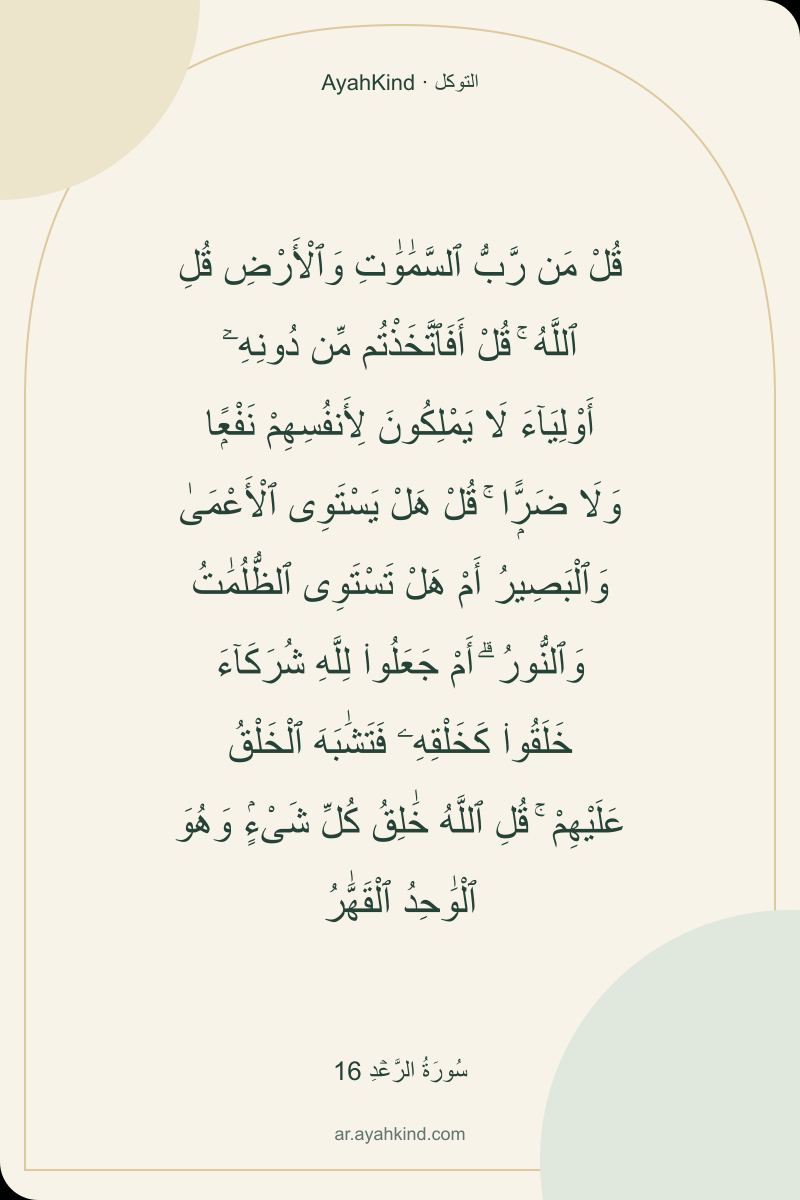 قُلْ مَن رَّبُّ ٱلسَّمَٰوَٰتِ وَٱلْأَرْضِ قُلِ ٱللَّهُ ۚ قُلْ أَفَٱتَّخَذْتُم مِّن دُونِهِۦٓ أَوْلِيَآءَ لَا يَمْلِكُونَ لِأَنفُسِهِمْ نَفْعًۭا وَلَا ضَرًّۭا ۚ قُلْ هَلْ يَسْتَوِى ٱلْأَعْمَىٰ وَٱلْبَصِيرُ أَمْ هَلْ تَسْتَوِى ٱلظُّلُمَٰتُ وَٱلنُّورُ ۗ أَمْ جَعَلُوا۟ لِلَّهِ شُرَكَآءَ خَلَقُوا۟ كَخَلْقِهِۦ فَتَشَٰبَهَ ٱلْخَلْقُ عَلَيْهِمْ ۚ قُلِ ٱللَّهُ خَٰلِقُ كُلِّ شَىْءٍۢ وَهُوَ ٱلْوَٰحِدُ ٱلْقَهَّٰرُ — سُورَةُ الرَّعۡدِ 16