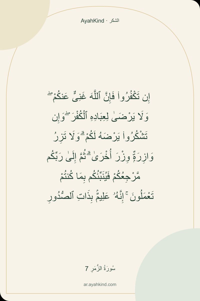 إِن تَكْفُرُوا۟ فَإِنَّ ٱللَّهَ غَنِىٌّ عَنكُمْ ۖ وَلَا يَرْضَىٰ لِعِبَادِهِ ٱلْكُفْرَ ۖ وَإِن تَشْكُرُوا۟ يَرْضَهُ لَكُمْ ۗ وَلَا تَزِرُ وَازِرَةٌۭ وِزْرَ أُخْرَىٰ ۗ ثُمَّ إِلَىٰ رَبِّكُم مَّرْجِعُكُمْ فَيُنَبِّئُكُم بِمَا كُنتُمْ تَعْمَلُونَ ۚ إِنَّهُۥ عَلِيمٌۢ بِذَاتِ ٱلصُّدُورِ — سُورَةُ الزُّمَرِ 7