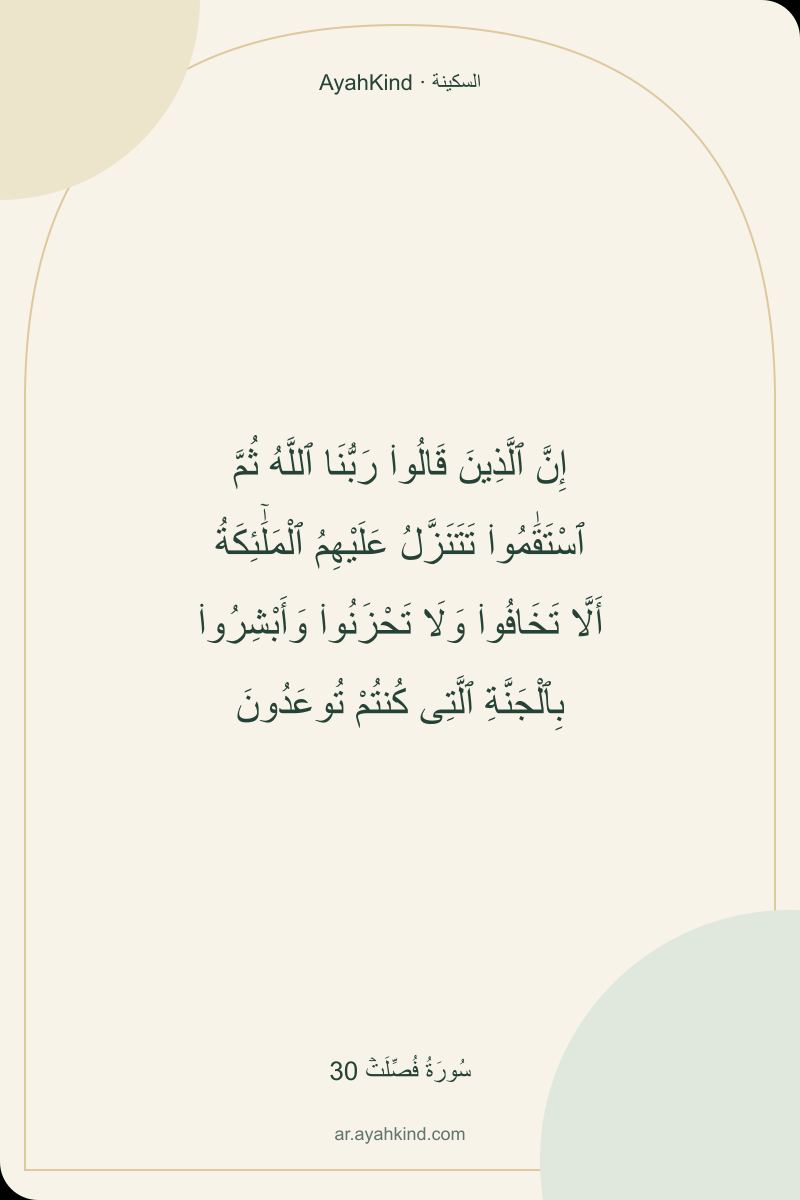 إِنَّ ٱلَّذِينَ قَالُوا۟ رَبُّنَا ٱللَّهُ ثُمَّ ٱسْتَقَٰمُوا۟ تَتَنَزَّلُ عَلَيْهِمُ ٱلْمَلَٰٓئِكَةُ أَلَّا تَخَافُوا۟ وَلَا تَحْزَنُوا۟ وَأَبْشِرُوا۟ بِٱلْجَنَّةِ ٱلَّتِى كُنتُمْ تُوعَدُونَ — سُورَةُ فُصِّلَتۡ 30