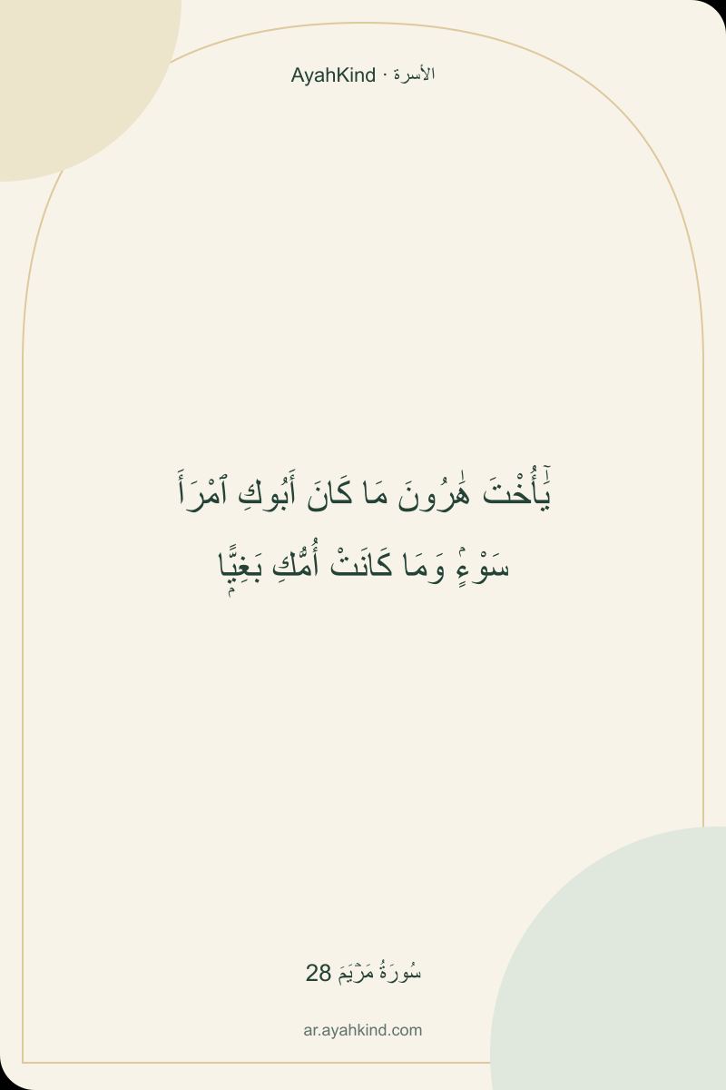 يَٰٓأُخْتَ هَٰرُونَ مَا كَانَ أَبُوكِ ٱمْرَأَ سَوْءٍۢ وَمَا كَانَتْ أُمُّكِ بَغِيًّۭا — سُورَةُ مَرۡيَمَ 28