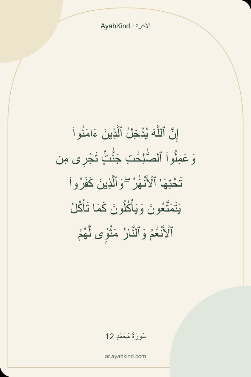إِنَّ ٱللَّهَ يُدْخِلُ ٱلَّذِينَ ءَامَنُوا۟ وَعَمِلُوا۟ ٱلصَّٰلِحَٰتِ جَنَّٰتٍۢ تَجْرِى مِن تَحْتِهَا ٱلْأَنْهَٰرُ ۖ وَٱلَّذِينَ كَفَرُوا۟ يَتَمَتَّعُونَ وَيَأْكُلُونَ كَمَا تَأْكُلُ ٱلْأَنْعَٰمُ وَٱلنَّارُ مَثْوًۭى لَّهُمْ — سُورَةُ مُحَمَّدٍ 12